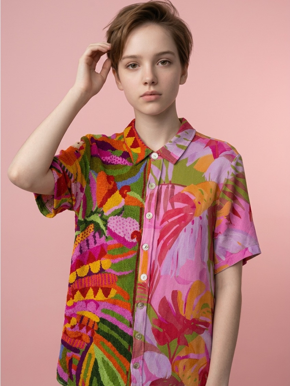 Farm Rio Mixed Scarves Blouse Short Sleeve Button Up Tropical Floral Large